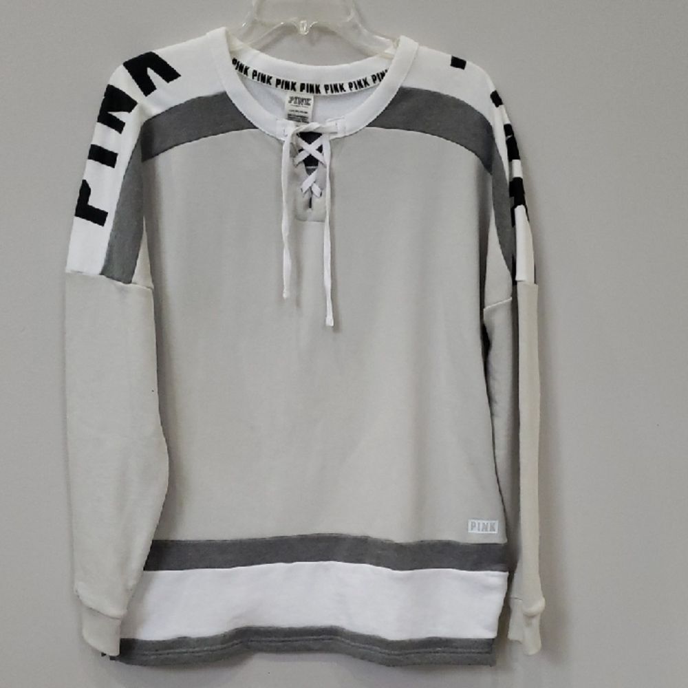 PINK Jersey Sweatshirt Hockey Ties Womens Small Colorblock Fleece Tunic